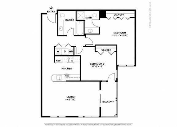 A floor plan of a home with a living room, two bedrooms, a bathroom, a kitchen, and a balcony.