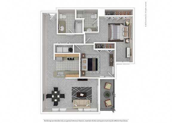 A floor plan of a house with a kitchen, living room, dining room, and bathrooms.