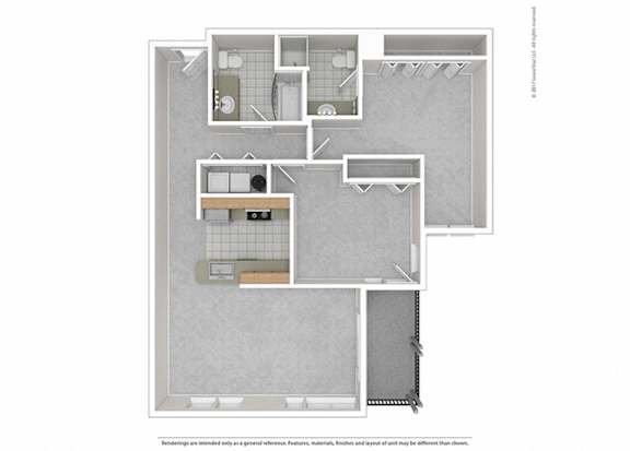 A floor plan of a house with a kitchen, living room, and two bedrooms.
