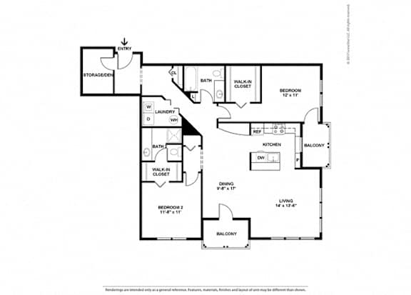 A floor plan of a house with two bedrooms, a balcony, and a laundry room.
