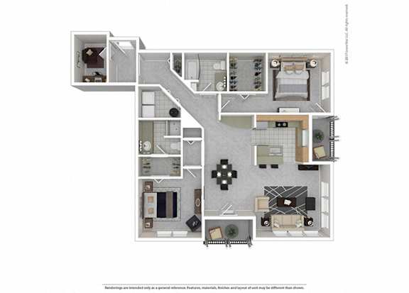 A floor plan of a house with a kitchen, living room, and bathrooms.
