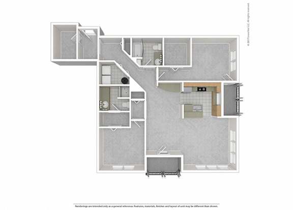 A floor plan of a house with a kitchen, living room, and two bedrooms.