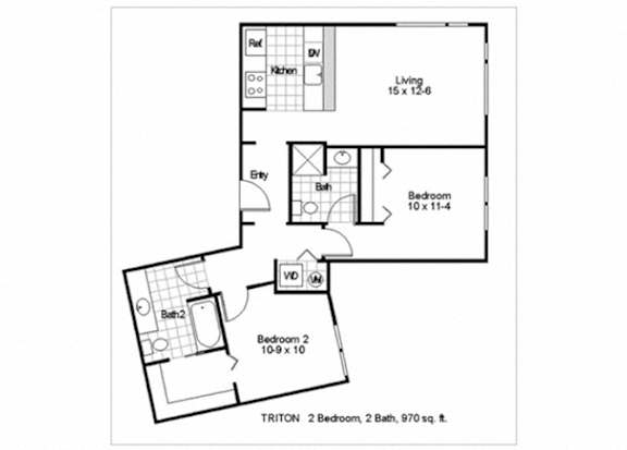 A floor plan of a Triton 2 Bedroom, 2 Bath home with a living area of 15 x 12.6.