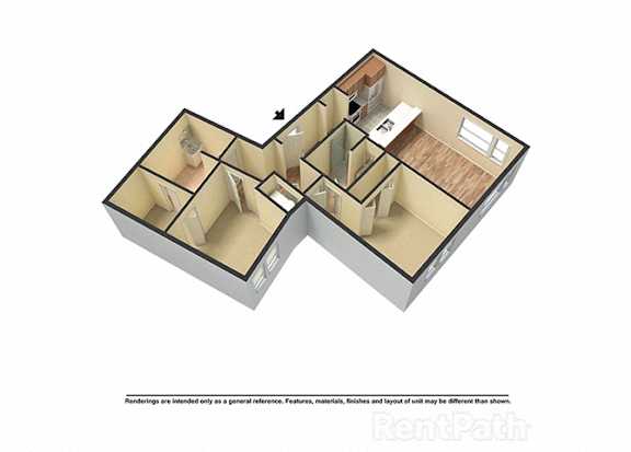 A 3D floor plan of an apartment with a kitchen, living room, and two bedrooms.