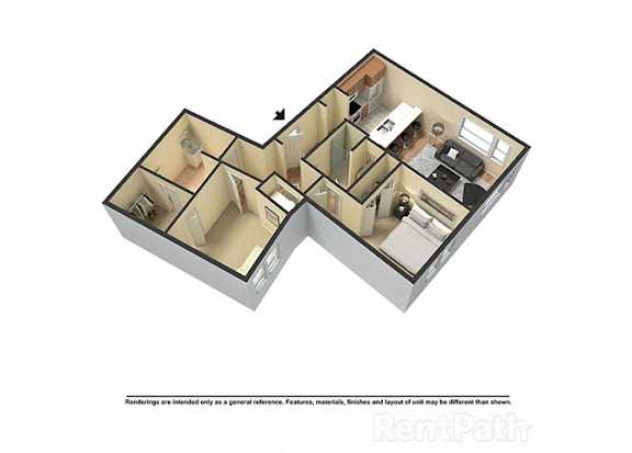 A 3D image of a floor plan for a property.
