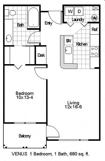 A floor plan of a one bedroom apartment with a bathroom, living room, and kitchen.