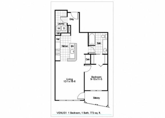 A black and white image of a floor plan for a one bedroom, bath unit.