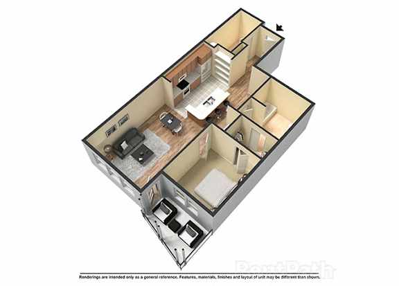 A 3D rendering of a house layout with a kitchen, living room, and two bedrooms.