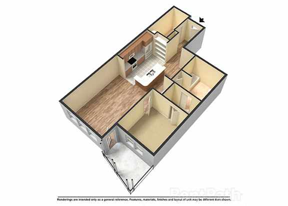 A 3D rendering of a house layout with a kitchen, living room, and bathroom.