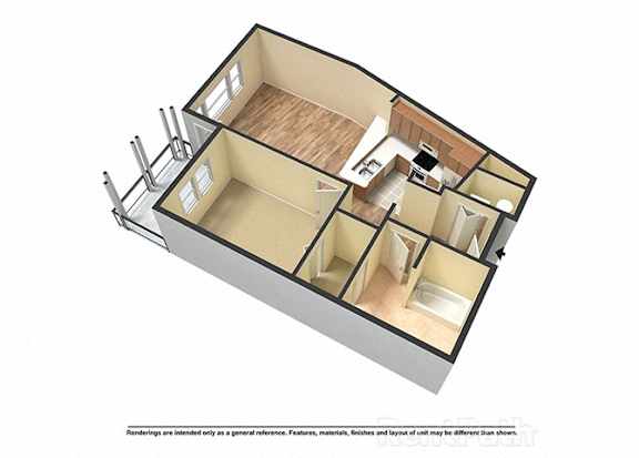 A 3D rendered image of a house layout.
