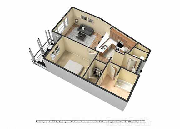 A 3D rendered image of a house layout.