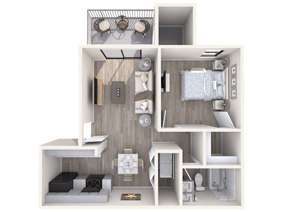 A 3D floor plan of a small apartment with a kitchen, living room, and bathroom.