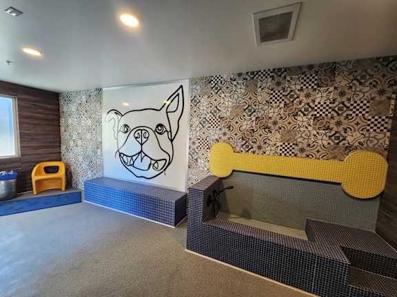 A dog drawing is on a wall with a patterned background.