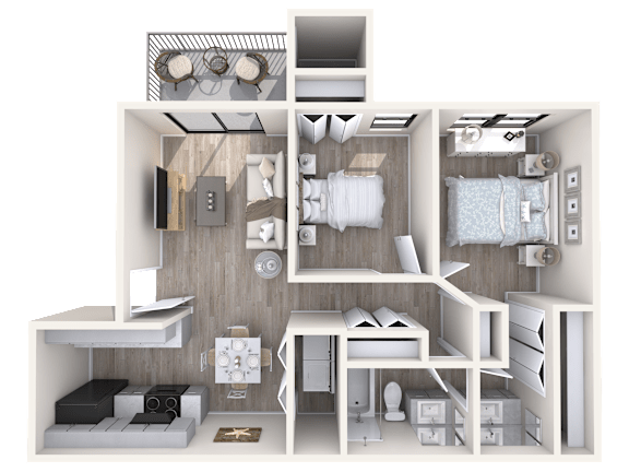 A 3D rendered image of a dollhouse interior at Red Mountain Apartments, Mesa, AZ