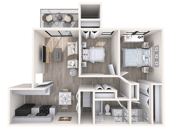 A 3D rendered image of a small apartment layout at Red Mountain Apartments, Mesa, AZ