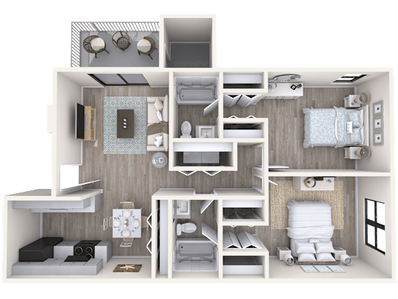 A 3D rendered image of a small apartment layout at Red Mountain Apartments, Mesa, AZ