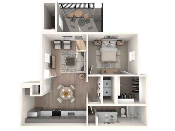 a 3d floor plan of a 1 bedroom apartment at Inspiration Apartments, Cottonwood