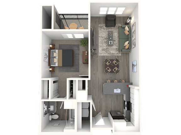 A 3D rendered image of a small apartment layout.
