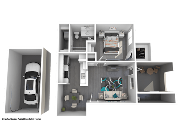 A 3D floor plan of a house with a garage and a car.