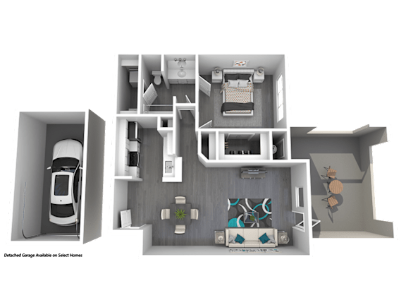 A 3D floor plan of a house with a garage and a living room.