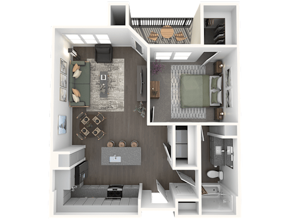 A 3D floor plan of a small apartment with a kitchen, living room, and bathroom.