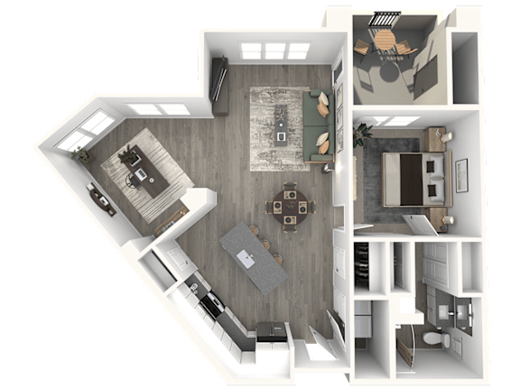 A 3D floor plan of a house showing a kitchen, living room, dining room, and bedrooms.