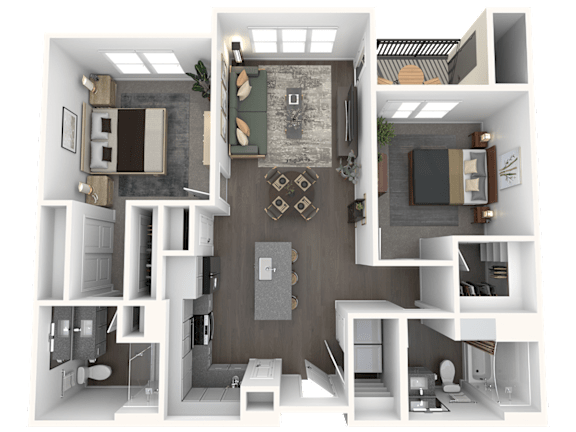 A 3D rendered image of a modern apartment layout.
