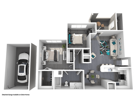 A detailed 3D floor plan of a house with a garage.