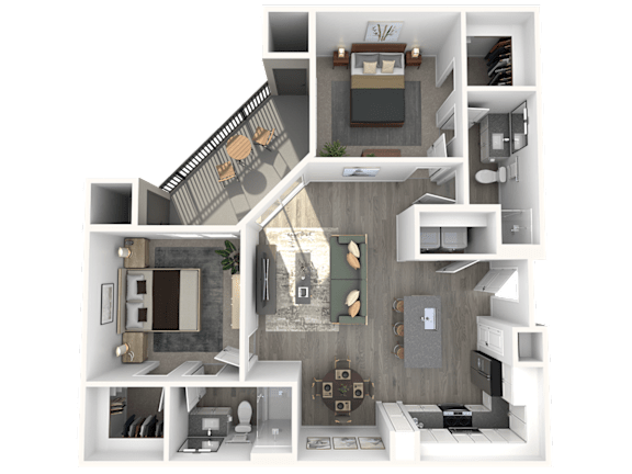 A 3D floor plan of a house with a kitchen, living room, and bathroom.