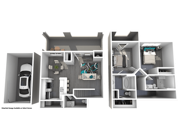 A 3D floor plan of a house with a car parked in the garage.