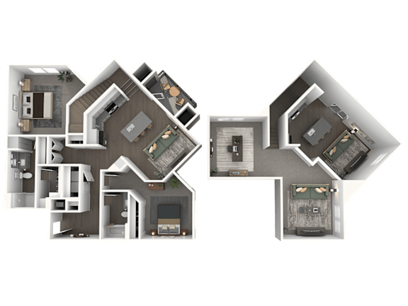 A 3D floor plan of a house with two separate sections.