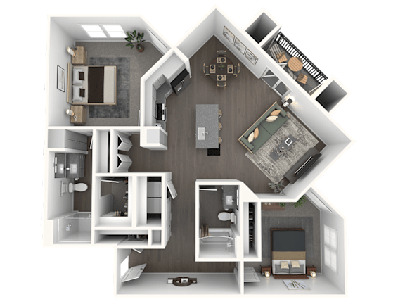 A top-down view of a house layout with various rooms and furniture.