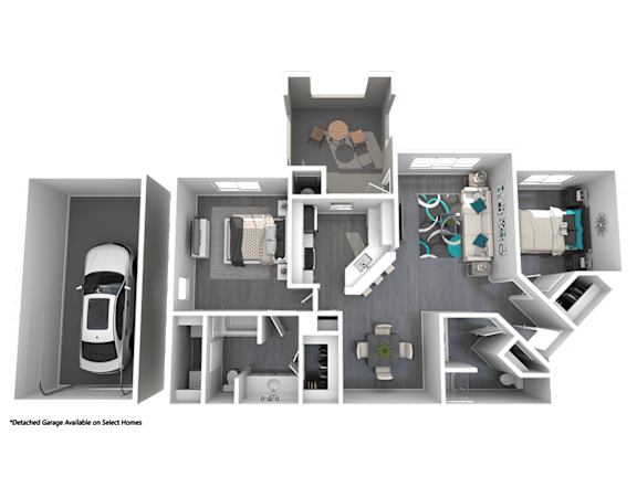 A 3D floor plan of a house with a garage and a car.