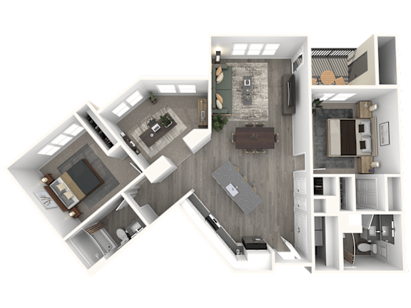 A 3D floor plan of a house with a kitchen, living room, and bedrooms.