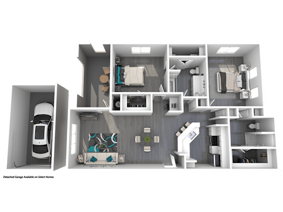 A 3D rendered image of a house layout with a car.