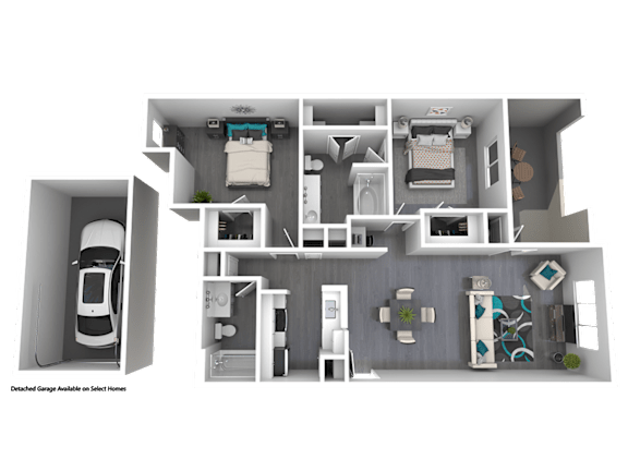 A 3D floor plan of a compact living space with a kitchen, living room, and bedroom.