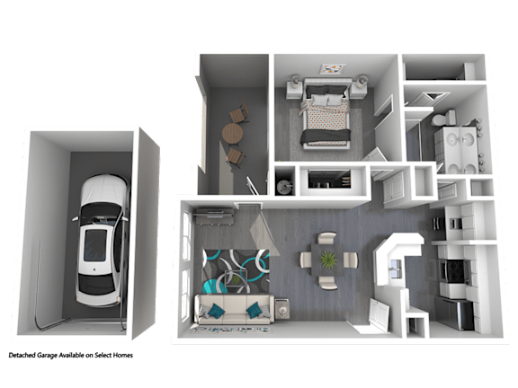A detailed cutaway drawing of a house showing the interior layout of a bedroom, living room, kitchen, and garage.