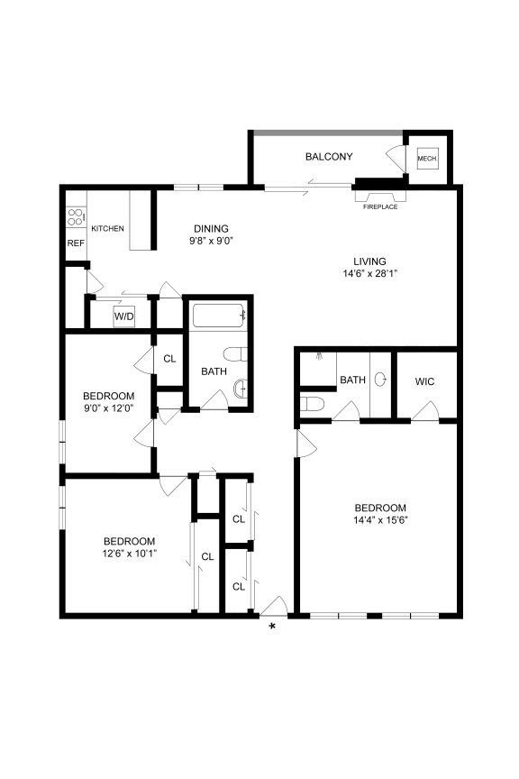 a floor plan of two bedrooms with a bathroom and a closet