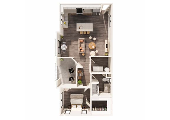 A top down view of a small apartment with a kitchen, living room, and bathroom.