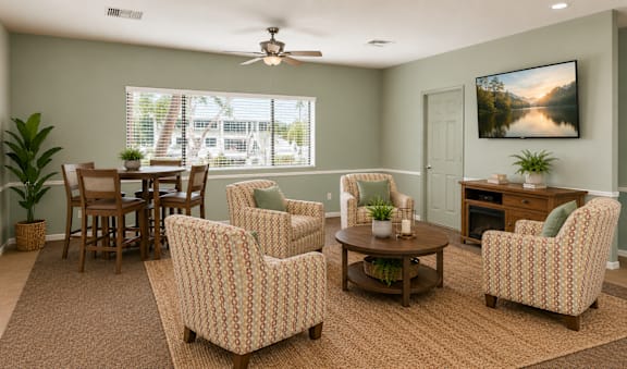 A living room with a ceiling fan and a large window.