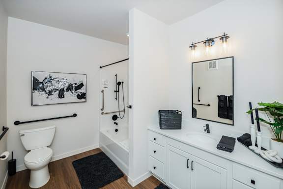 A bathroom with a toilet, sink, and mirror.