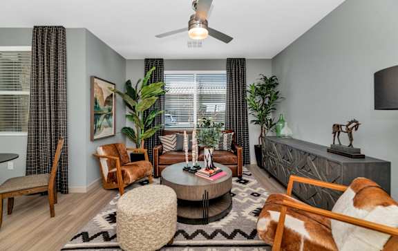 A living room with a rug, a coffee table, a chair, a sofa, a ceiling fan, and a plant.