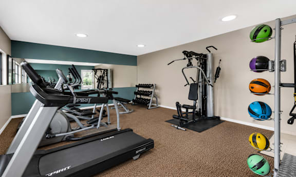 A gym with treadmills, exercise bikes, and weights.