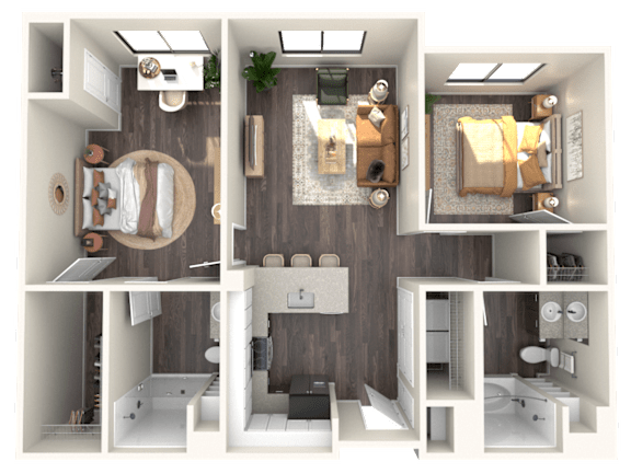 A 3D floor plan of a small apartment with a kitchen, living room, and bathroom.