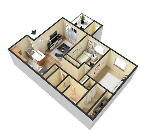 A 3D floor plan of a house showing the layout of the rooms.