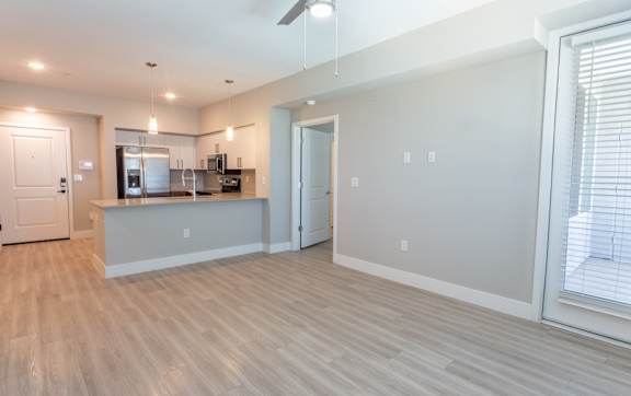 A kitchen with a countertop and cabinets is visible through a glass door.