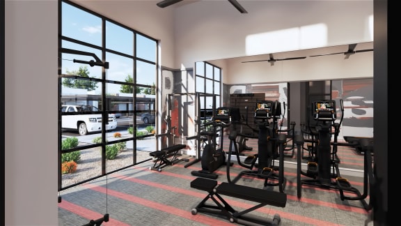 a rendering of a gym with cardio equipment and a large window
