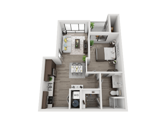 Floor Plan  A 3D rendered image of a small apartment layout.