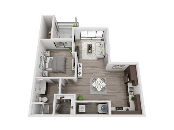 Floor Plan  A 3D floor plan of a small apartment with a kitchen, living room, and bedroom.