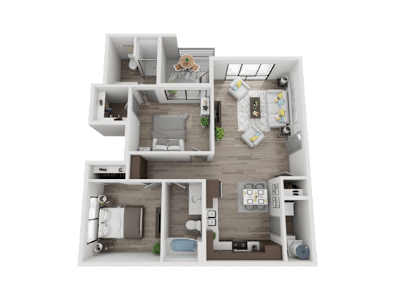 Floor Plan  A 3D floor plan of a house with multiple rooms and furniture.